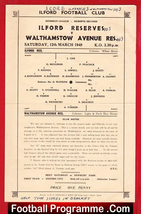 Ilford v Walthamstow Avenue 1949 – Isthmian Reserves Match