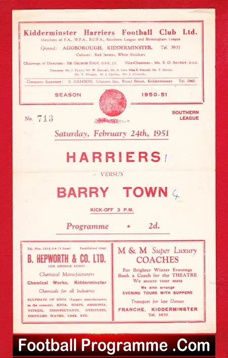 Kidderminster Harriers v Barry Town 1951 – Southern League