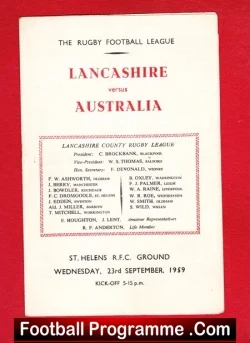 Lancashire Rugby v Australia 1959 - At St Helens RFC Ground - rugby programme