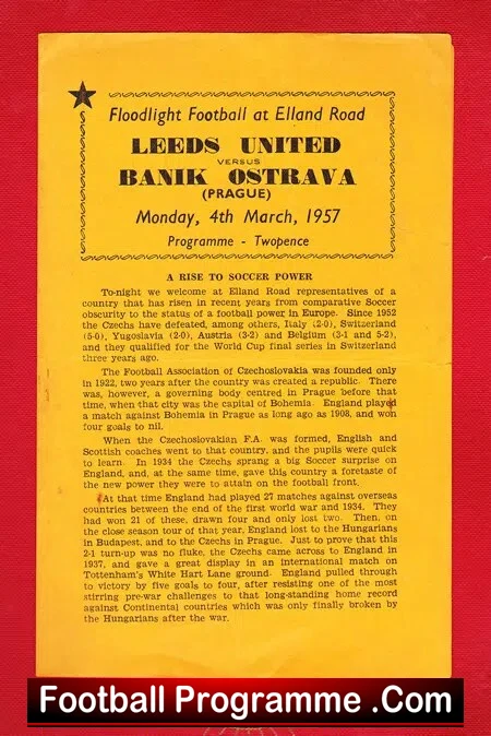 Leeds United v Banik Ostrava 1957 – Floodlight game Elland Road