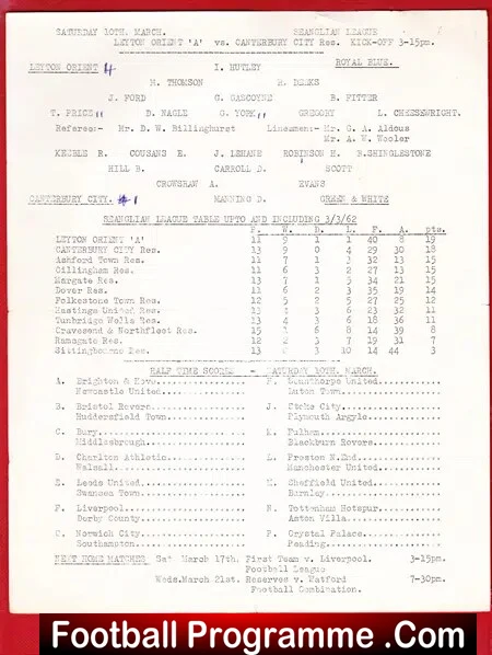 Leyton Orient v Canterbury City 1962 – Reserves Match