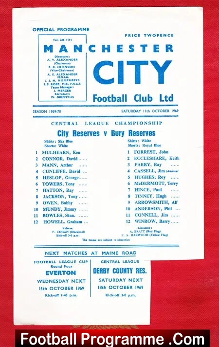 Manchester City v Bury 1969 – Reserves Game