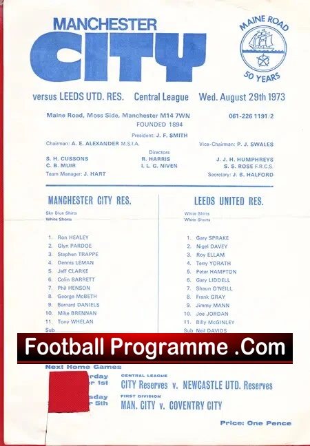 Manchester City v Leeds United 1973 – Reserves Match