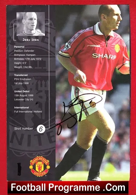 Manchester United Jaap Stam Signed Autograph Treble Winner 1998