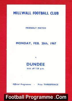 Millwall v Dundee 1967 - Friendly Match - football programme