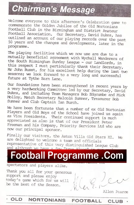 Old Nortonians v Aston Villa Old Stars X1 1985