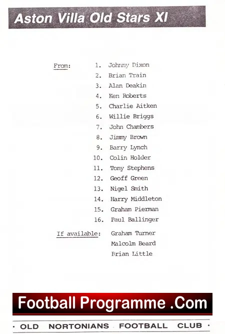 Old Nortonians v Aston Villa Old Stars X1 1985