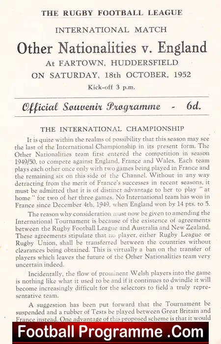 Other Nationalities v England 1952 - Fartown Huddersfield