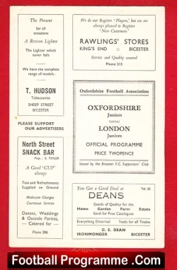 Oxfordshire Juniors v London Juniors 1950s - Bicester - football programme