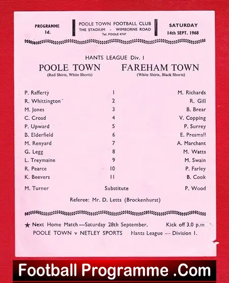 Poole Town v Fareham Town 1968 - Hampshire League