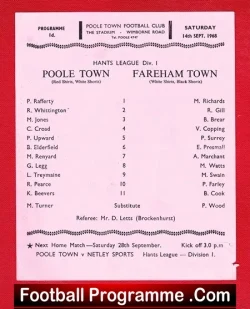 Poole Town v Fareham Town 1968 - Hampshire League - football programme