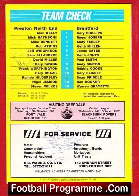 Preston North End v Brentford 1987 - Multi Autographed Signed
