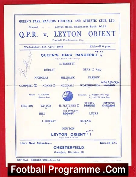 Queens Park Rangers v Leyton Orient 1949 – Combination Cup