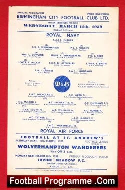 Royal Air Force RAF v Royal Navy 1959 - At Birmingham City - football programme