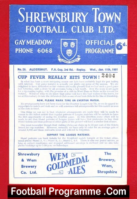 Shrewsbury Town v Aldershot 1961 – FA Cup Replay