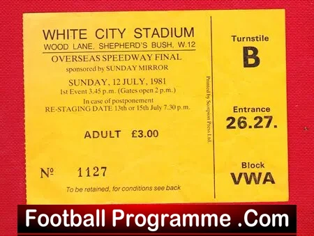 Speedway Ticket Stub Overseas Final 1981 – White City London
