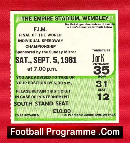 Speedway Ticket Stub WM Final 1981 – Wembley London