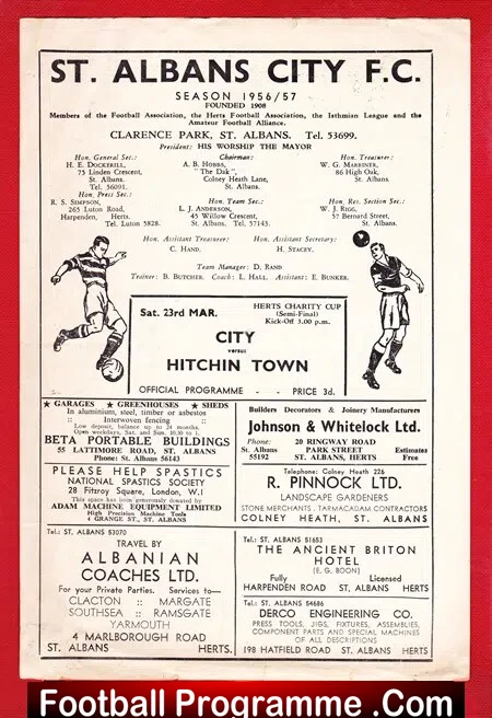 St Albans City v Hitchin Town 1957 – Herts Charity Cup Semi Final