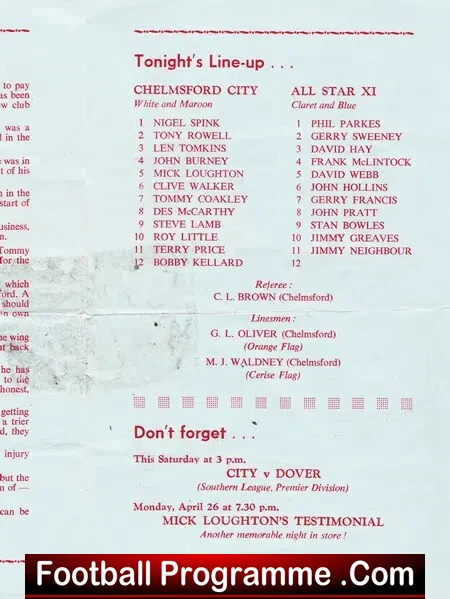 Tommy Coakley Testimonial Benefit Chelsford City 1976 - Signed