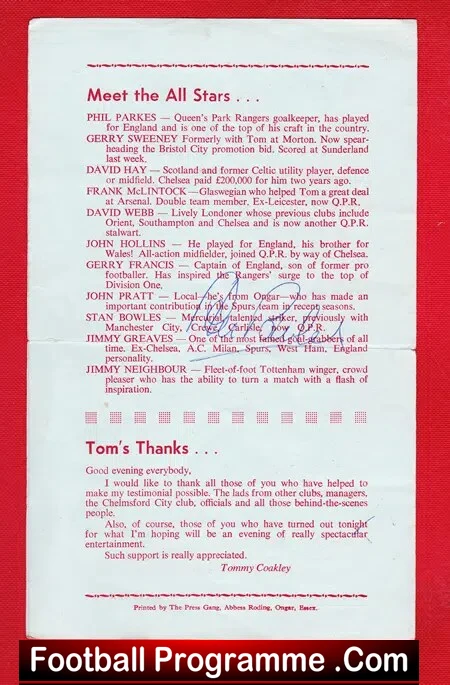 Tommy Coakley Testimonial Benefit Chelsford City 1976 - Signed