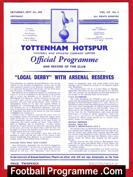 Tottenham Hotspur v Arsenal 1959 – Reserves Team