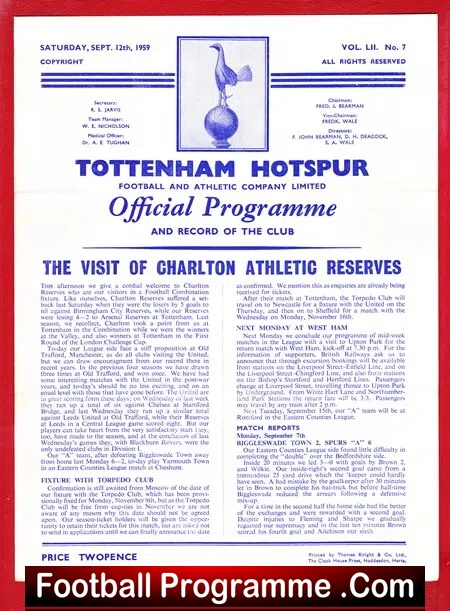 Tottenham Hotspur v Charlton Athletic 1959 – Reserves Team