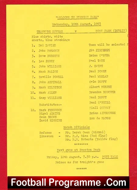 Tranmere Rovers v Home Farm 1983 – Single Sheet – Dublin Team