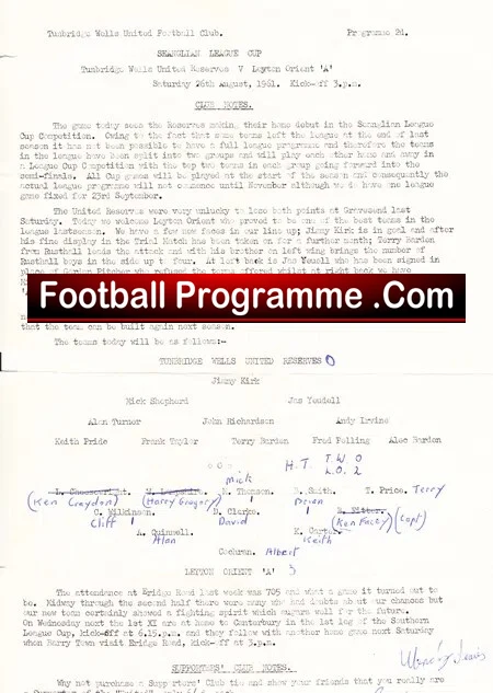 Tunbridge Wells United v Leyton Orient 1961 – Reserves Match