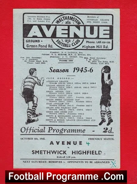 Walthamstow Avenue v Smethwick Highfield 1945 – Friendly Match
