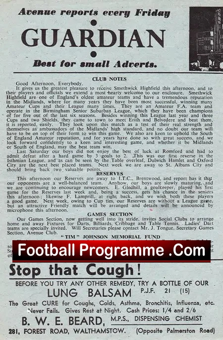 Walthamstow Avenue v Smethwick Highfield 1945 - Friendly Match