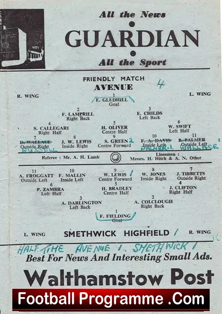 Walthamstow Avenue v Smethwick Highfield 1945 - Friendly Match