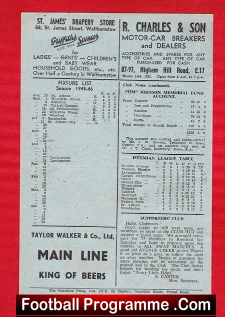 Walthamstow Avenue v Smethwick Highfield 1945 - Friendly Match