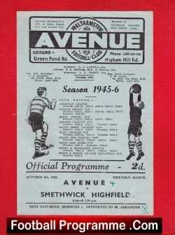Walthamstow Avenue v Smethwick Highfield 1945 – Friendly Match
