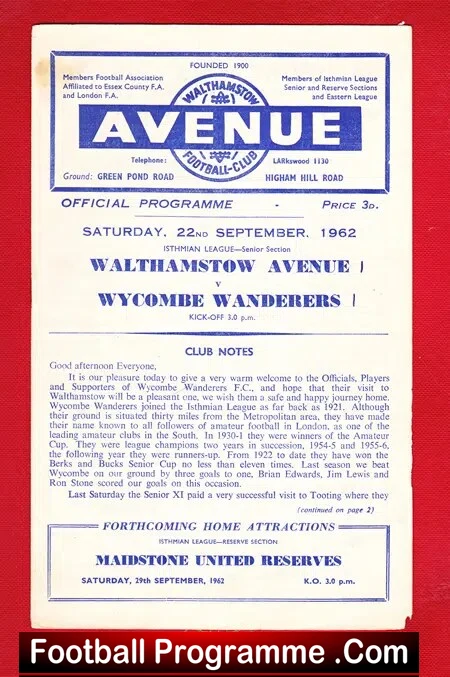 Walthamstow Avenue v Wycombe Wanderers 1962