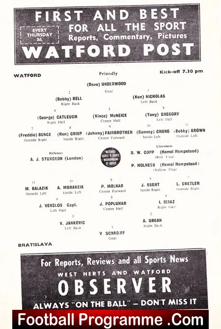 Watford v Bratislava 1962 - Friendly Game - Slovakia Team