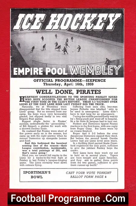 Wembley Ice Hockey v Brighton Tigers 1959