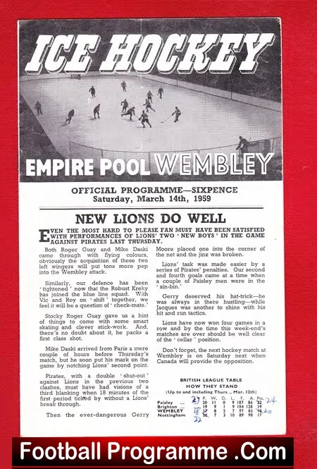 Wembley Ice Hockey v Nottingham 1959