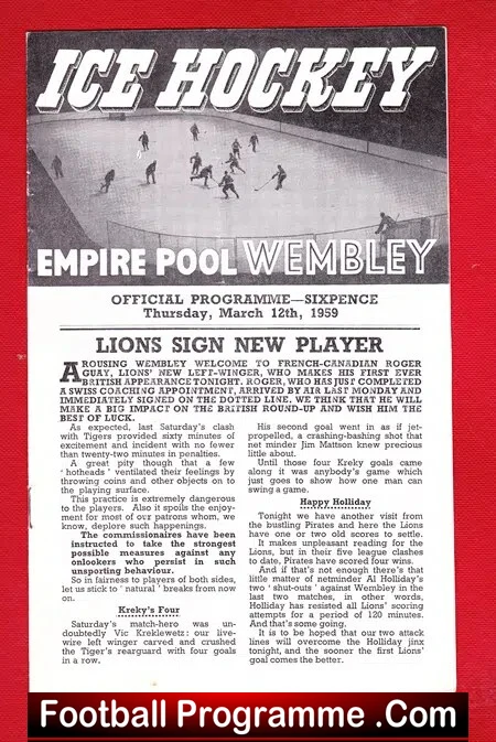 Wembley Ice Hockey v Paisley Pirates 1959