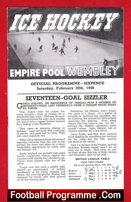 Wembley Ice Hockey v Paisley Pirates 1959