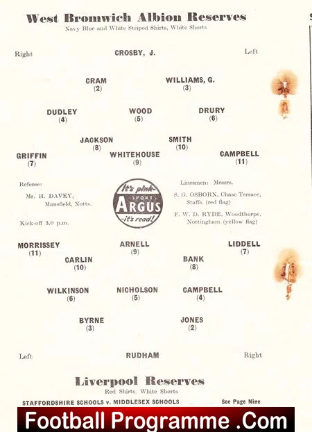 West Bromwich Albion v Liverpool 1959 - Reserves Match