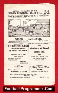 Wigan Rugby v Castleford 1948 – Official Programme