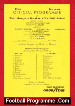 Wolves Wolverhampton v Liverpool 1990 – Reserves Match