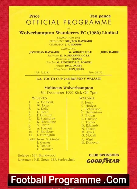 Wolves Wolverhampton v Walsall 1990 – FA Youth Cup