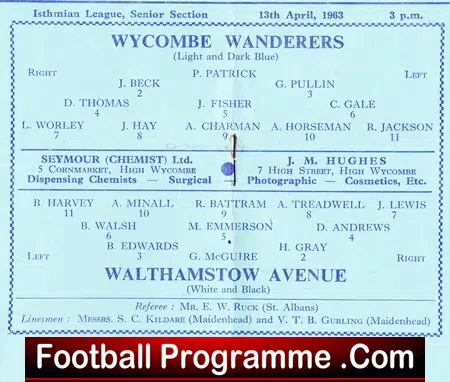 Wycombe Wanderers v Walthamstow Avenue 1963