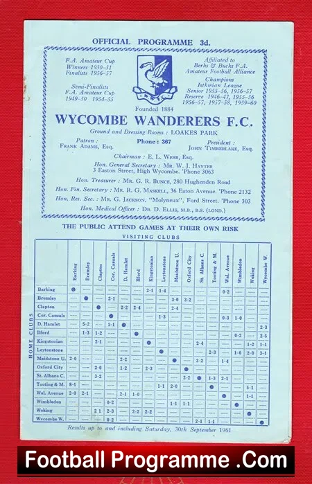 Wycombe Wanderers v Walthamstow Avenue 1961