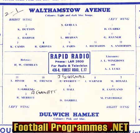 Walthamstow Avenue v Dulwich Hamlet 1954