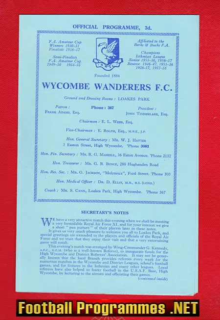Wycombe Wanderers v RAF 1958 – Friendly Football Match
