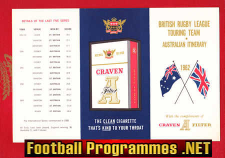 Australia British Rugby League Touring Team Itinerary 1962