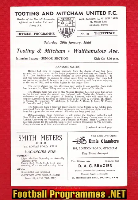 Tooting Mitcham United v Walthamstow Avenue 1966