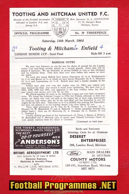 Tooting Mitcham v Enfield 1964